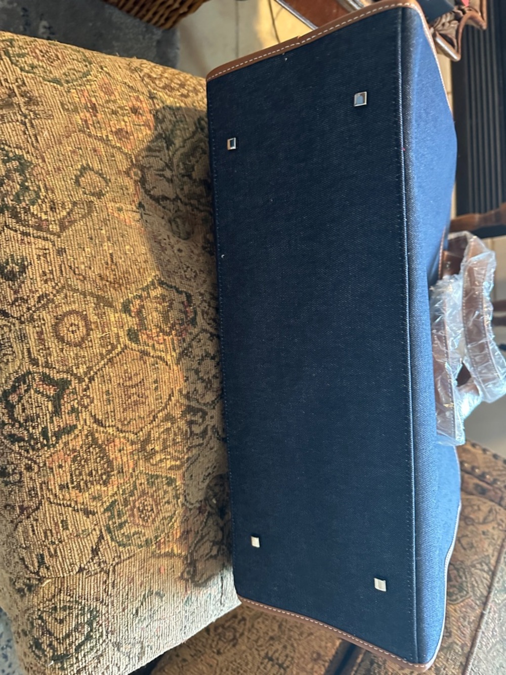 Vintage Etienne Aigner Navy and Brown Leather-Trim travel/ tote. NWTS - Picture 3 of 6